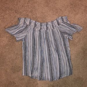 Blue and white stripped off the shoulder top.
